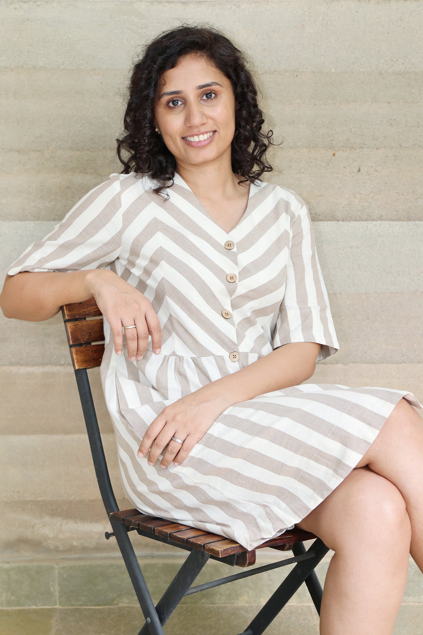 Zigzagged Striped V Neck Off White and Light Brown Dress