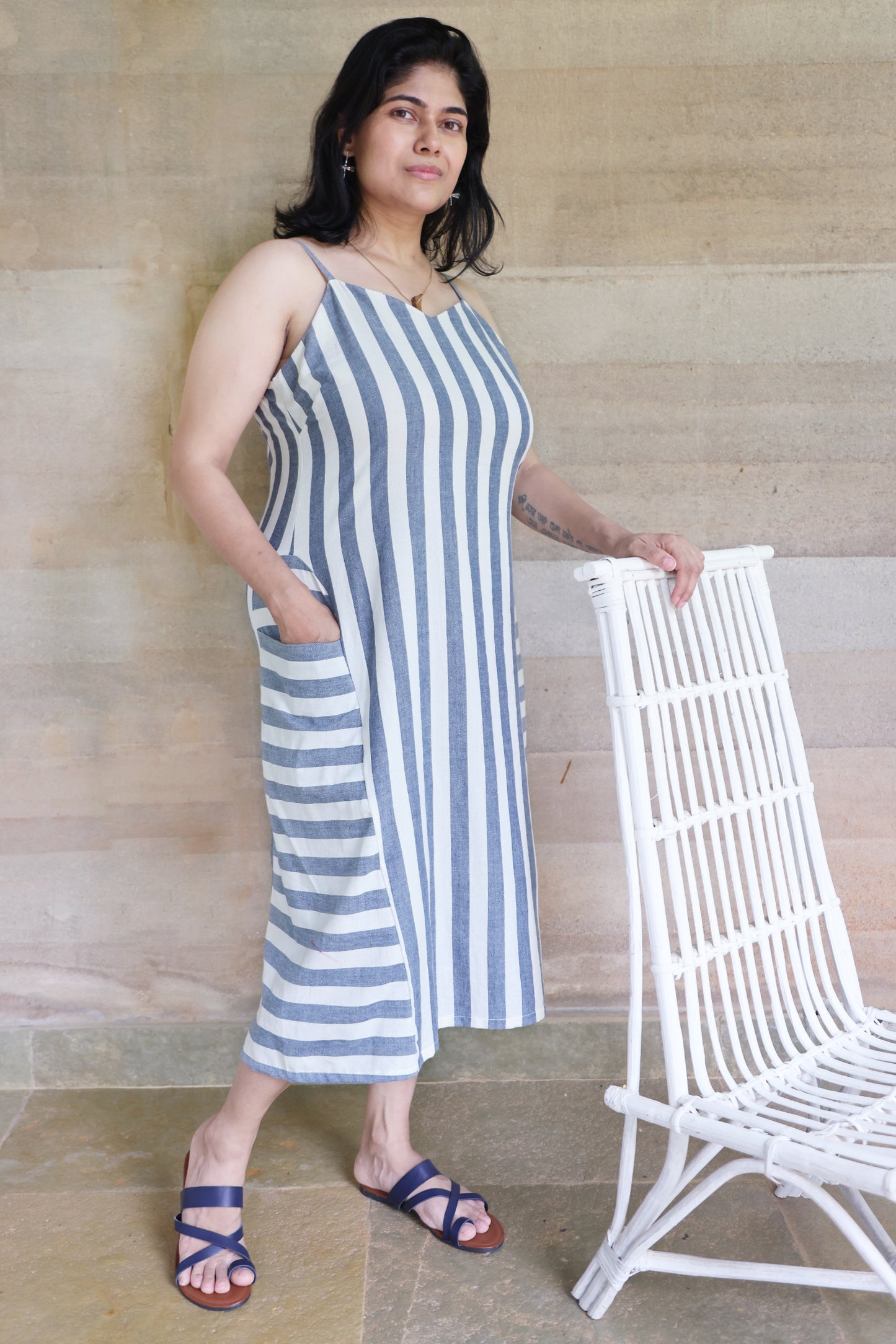 Off White and Indigo Striped Godet Dress