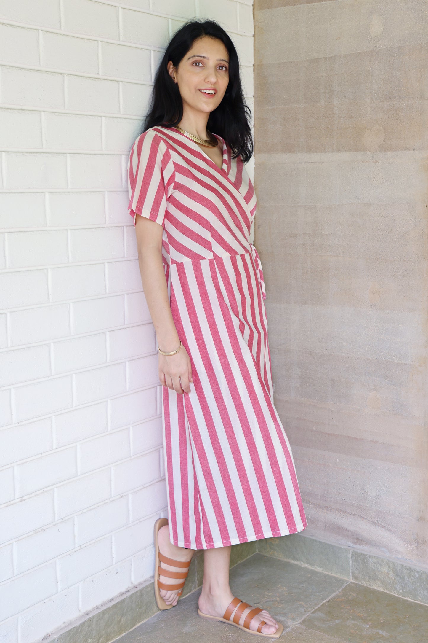 Striped Half Sleeved Wrap Around Dress in Off White and Red