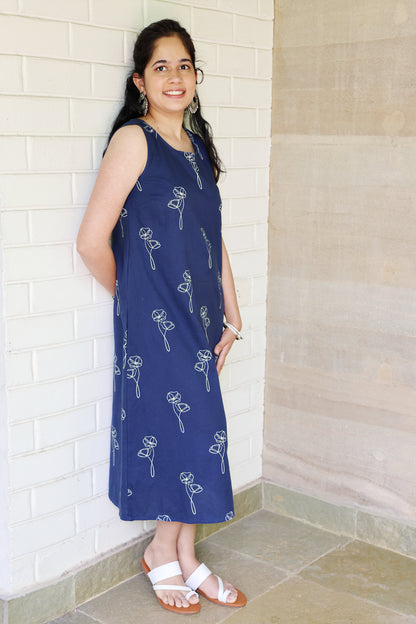 Navy Botanical Printed Sleeveless Maxi Dress