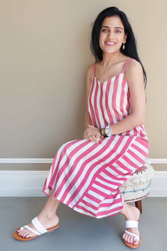Off White and Red Striped Godet Dress