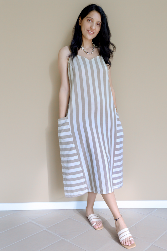 Off white and Light Brown Striped Godet Dress