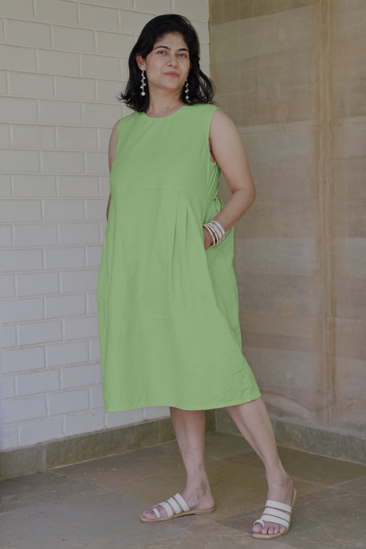 Round Neck Sleeveless Pleated Sage Green Dress