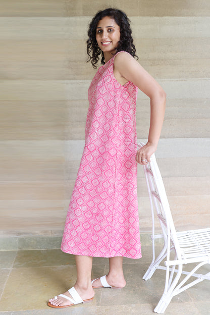 Pink Geometrical Printed Sleeveless Maxi Dress