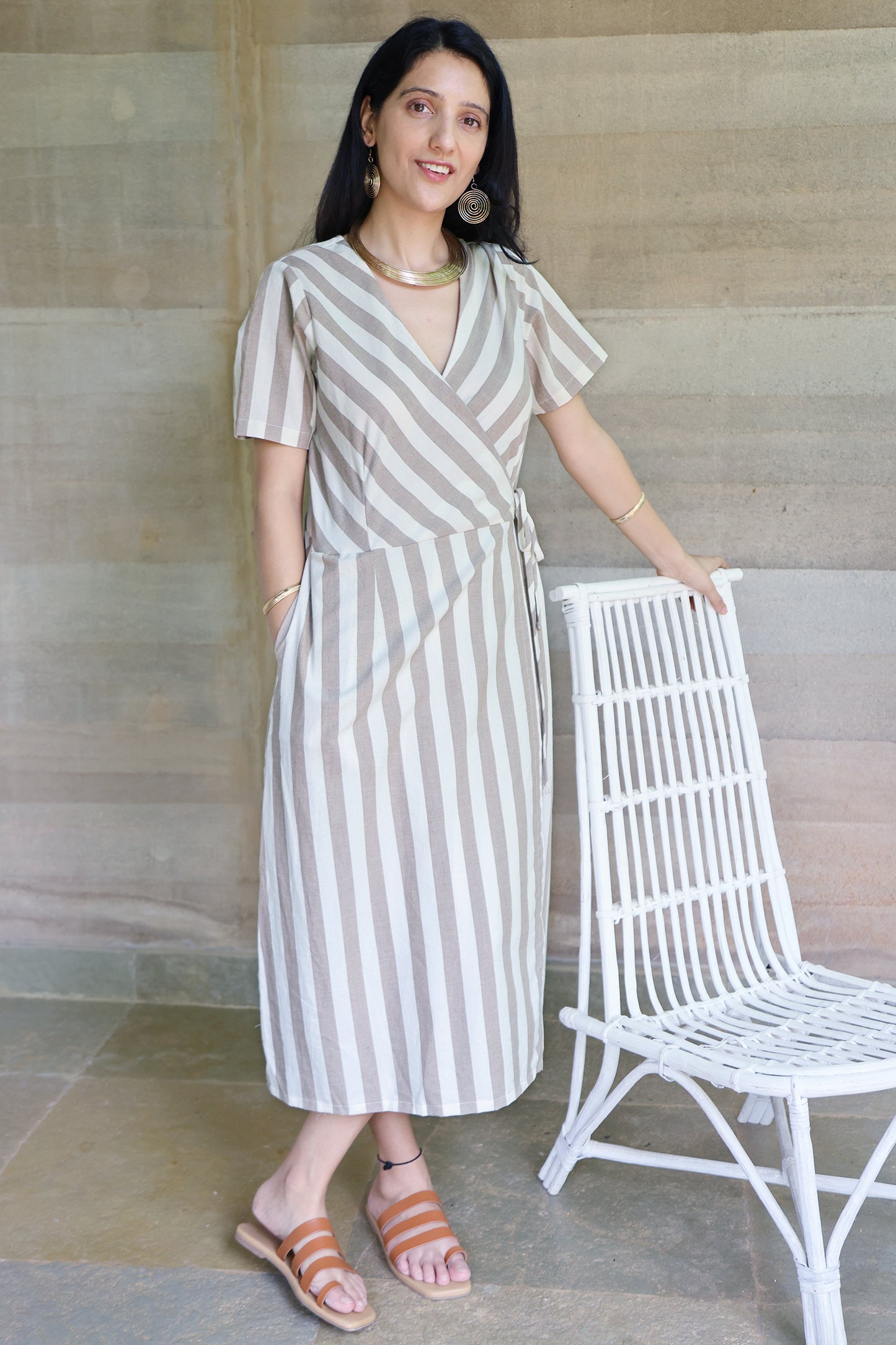 Striped Half Sleeved Wrap Around Dress in Off White and Light Brown