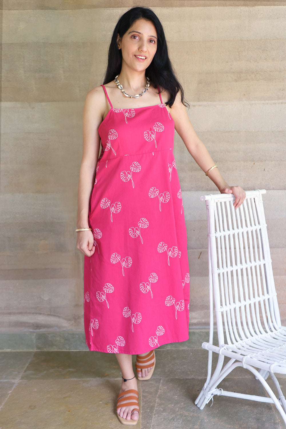 Strapped Maxi Viva Magenta and Off White Botanical Printed Dress