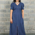 V Neck Front Slit Navy Solid Dress with Embroidery