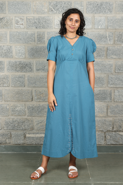 V Neck Front Slit Teal Solid Dress with Embroidery