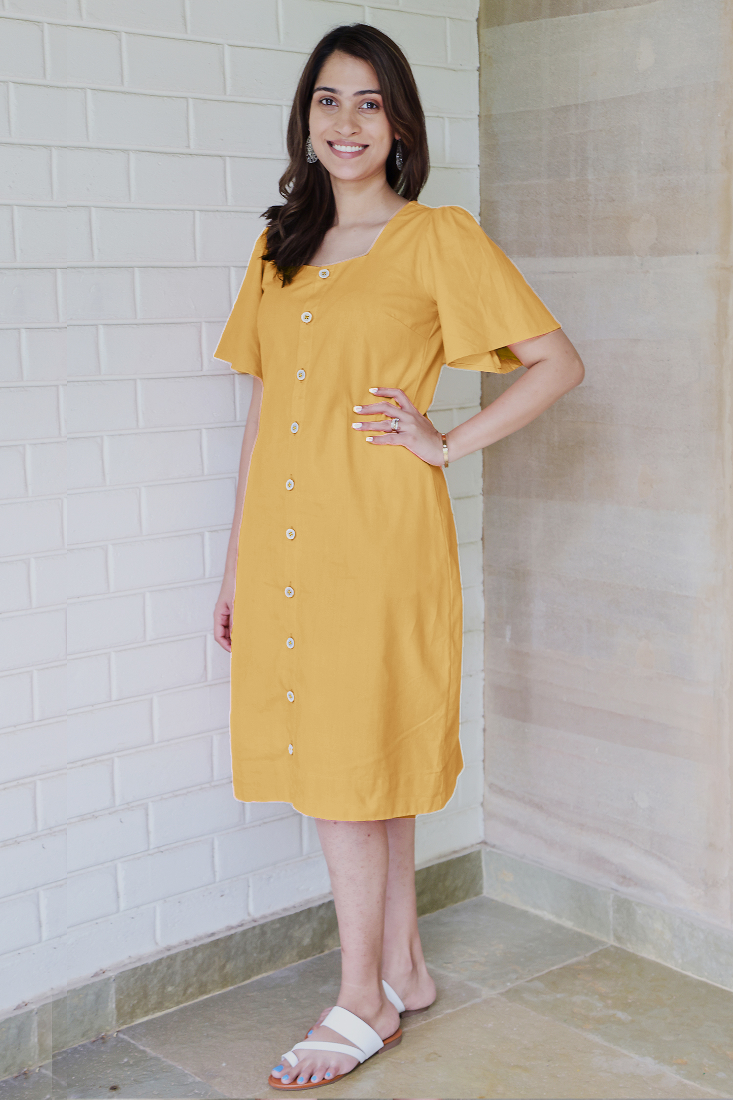 Square Neck A Line Dress in Monotone Solid Ochre Yellow