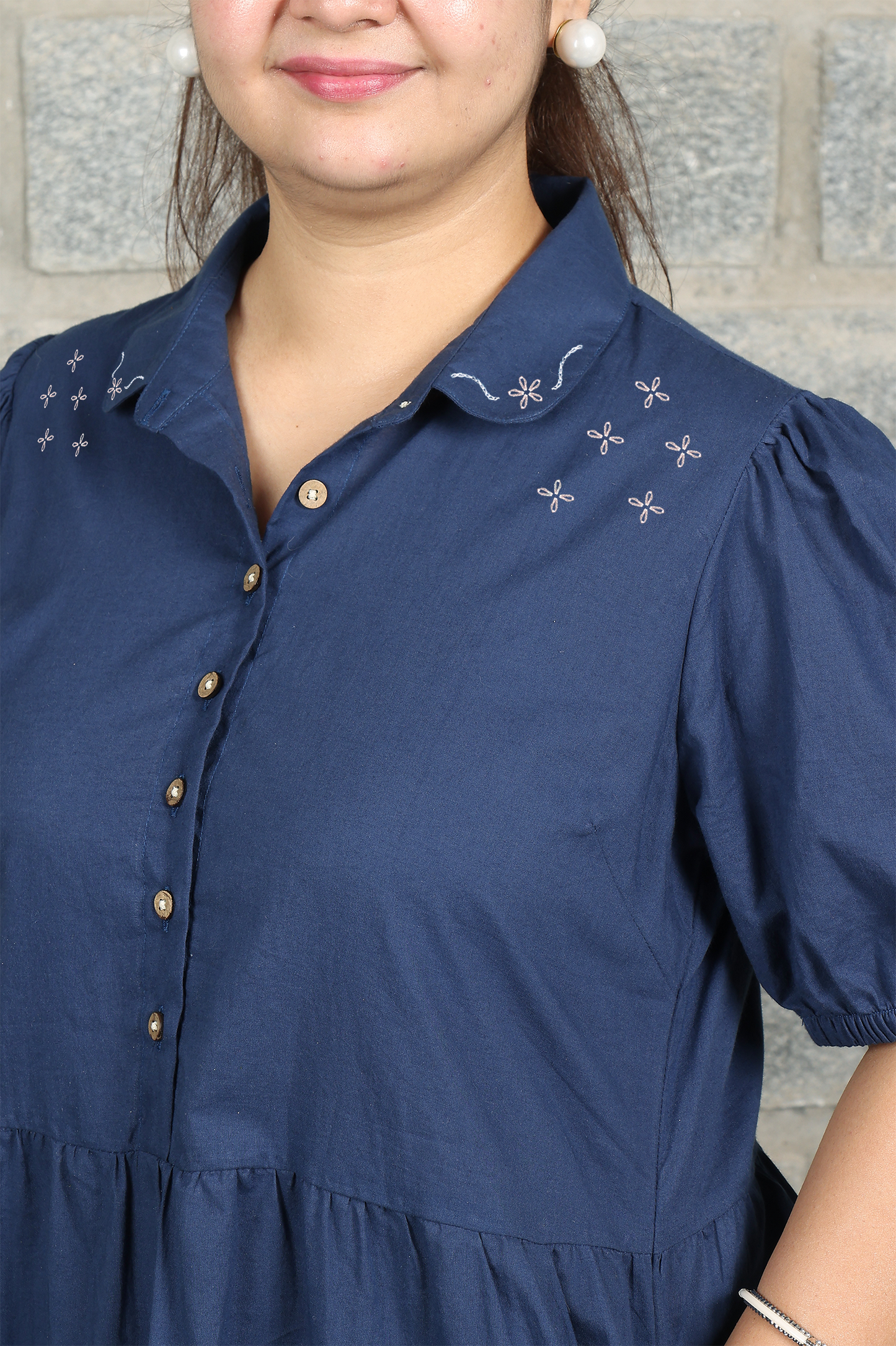 Collared Fine Cotton Navy Blue Dress with Embroidery
