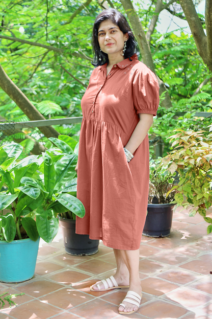Collared Fine Cotton Brown Dress with Embroidery