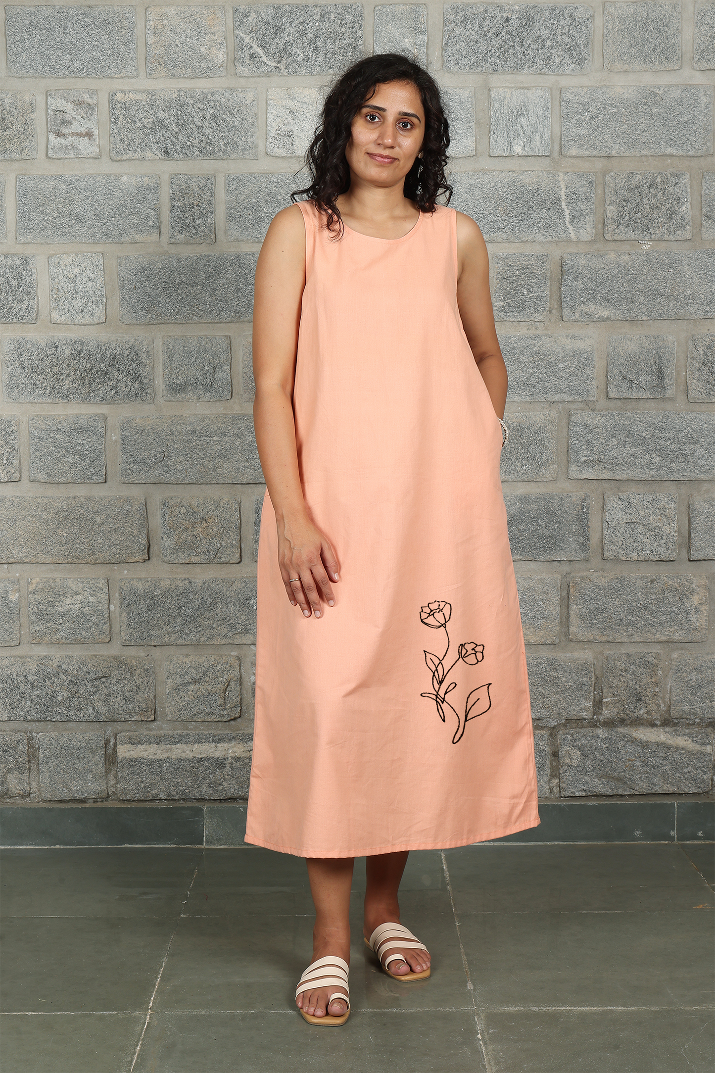Pink Peach Sleeveless Maxi Dress with Embroidery