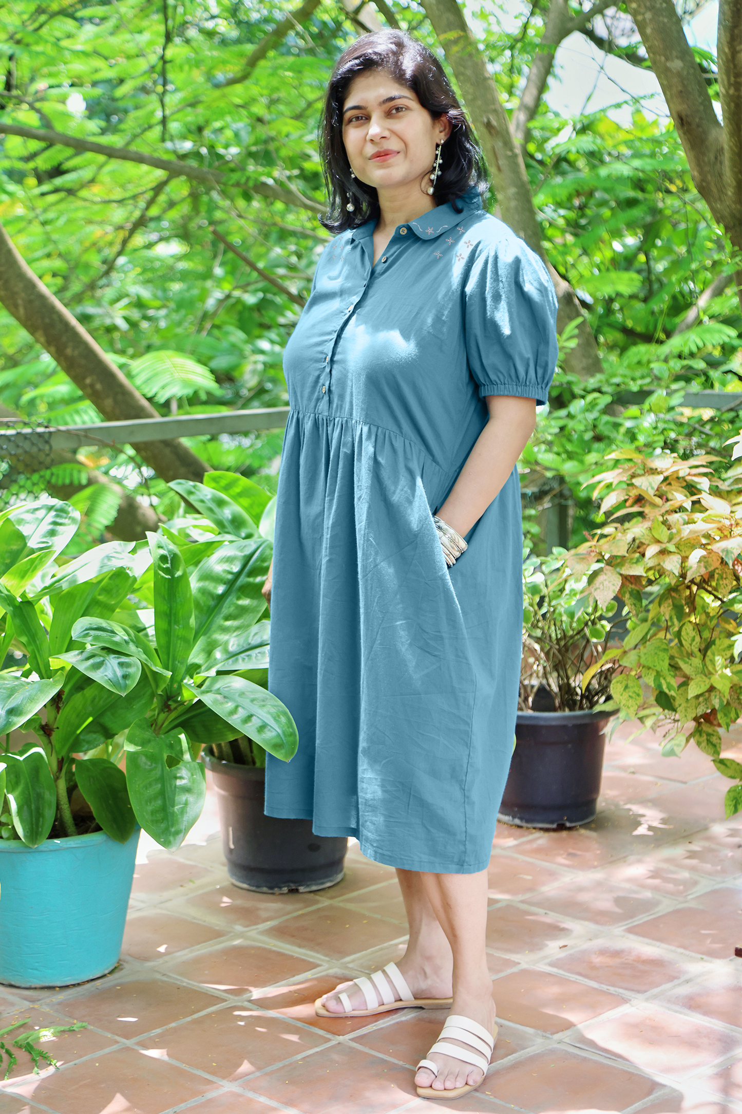 Collared Fine Cotton Teal Blue Dress with Embroidery