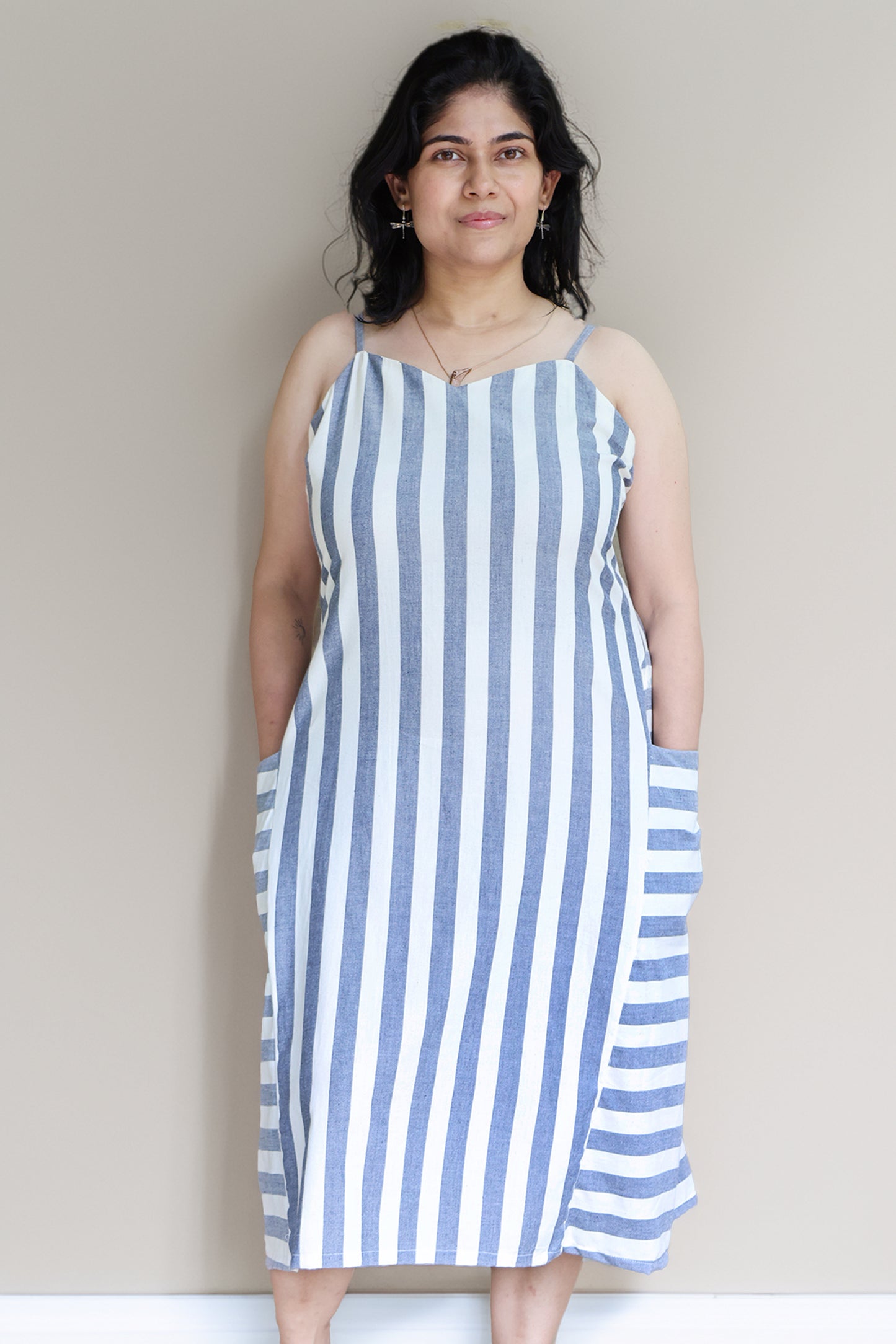 Off White and Indigo Striped Godet Dress