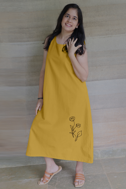 Ochre Yellow Sleeveless Maxi Dress with Embroidery