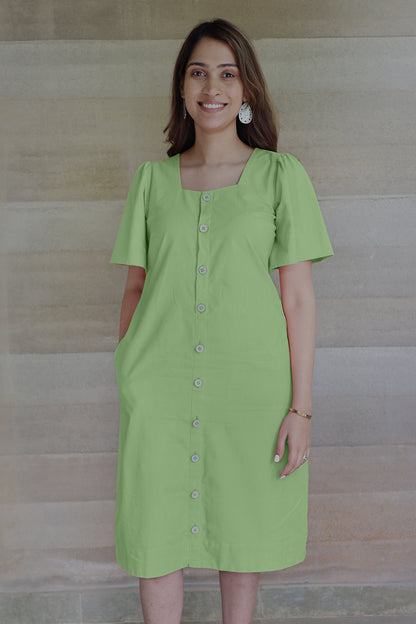 Square Neck A Line Dress in Monotone Solid Sage Green