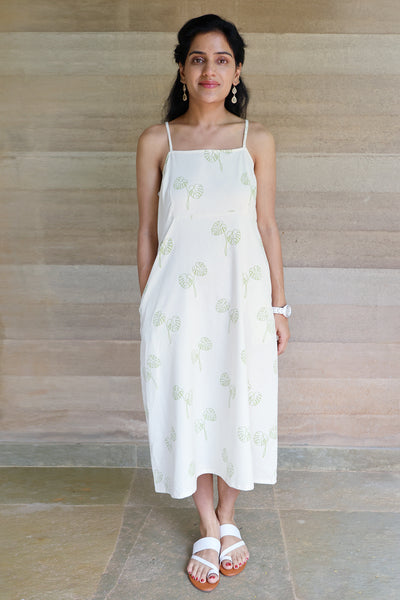 Strapped Midi Off White and Green Botanical Printed Dress