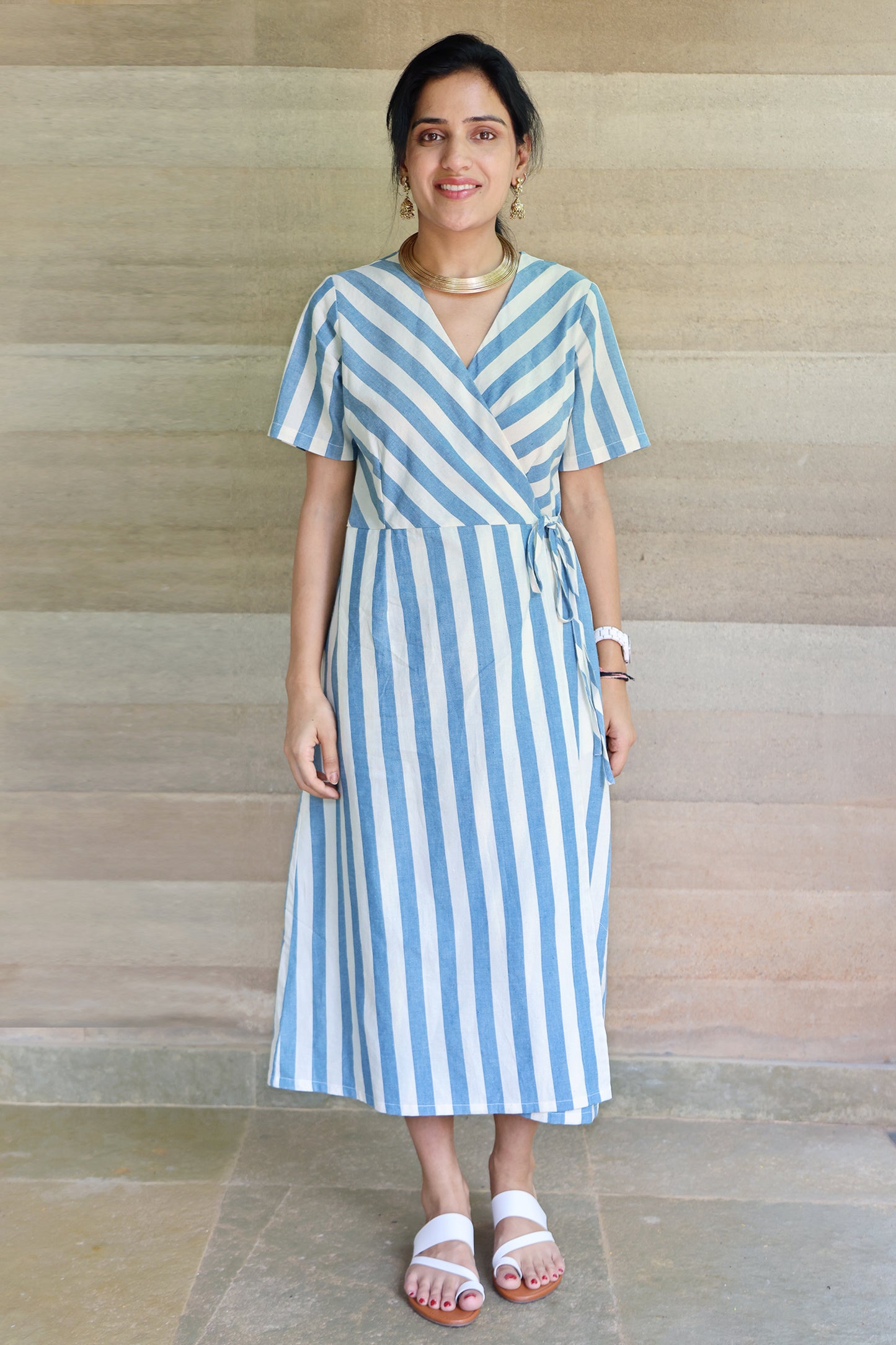 Striped Half Sleeved Wrap Around Dress in Off White and Light Blue