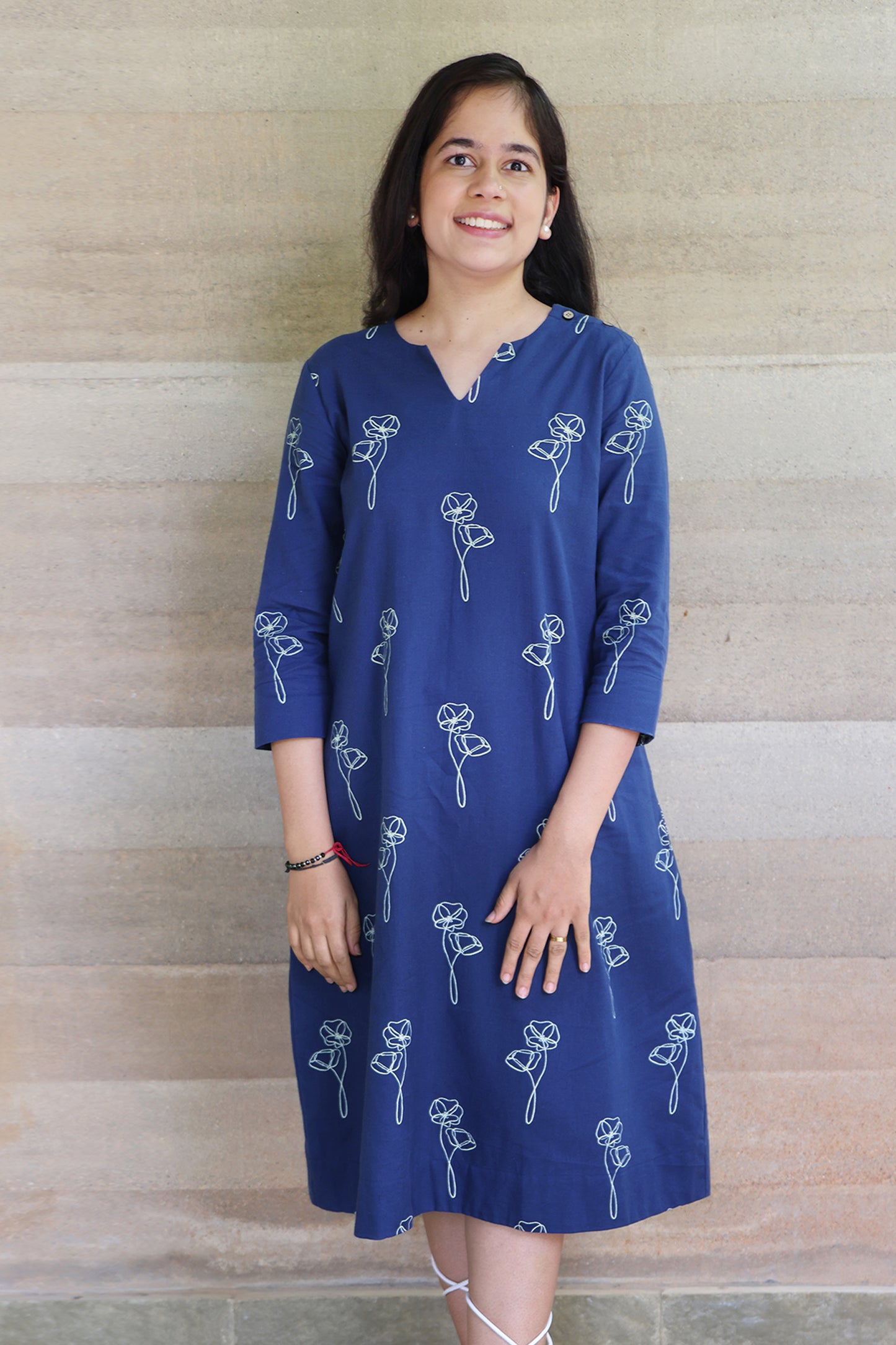 Indigo Blue Printed Pure Cotton Midi Dress