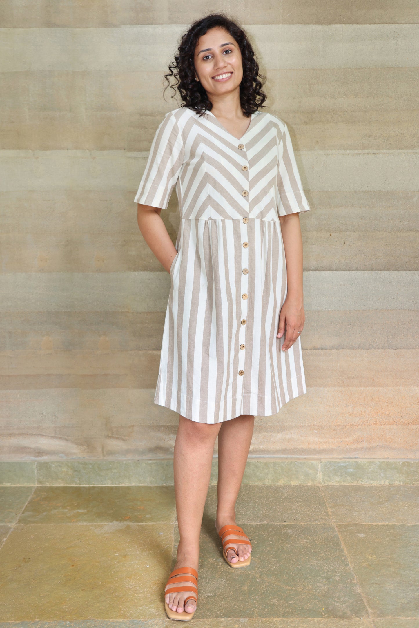 Zigzagged Striped V Neck Off White and Light Brown Dress