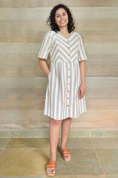 Zigzagged Striped V Neck Off White and Light Brown Dress