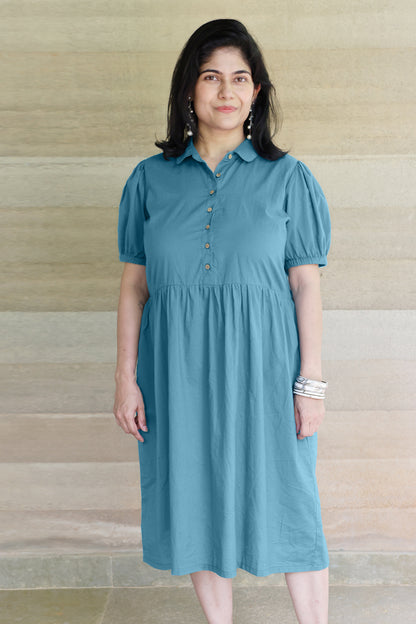 Collared Fine Cotton Teal Blue Dress