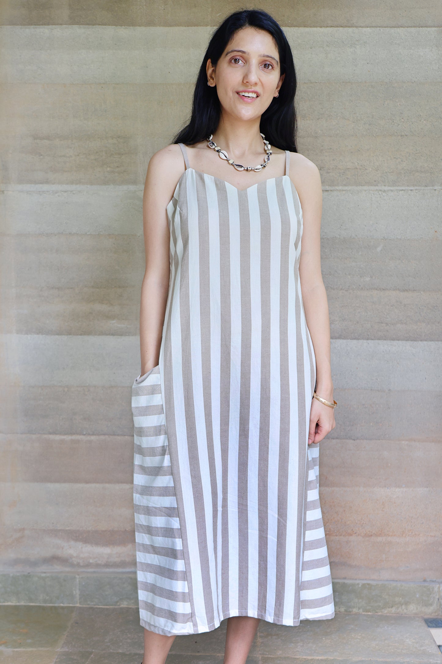 Off white and Light Brown Striped Godet Dress