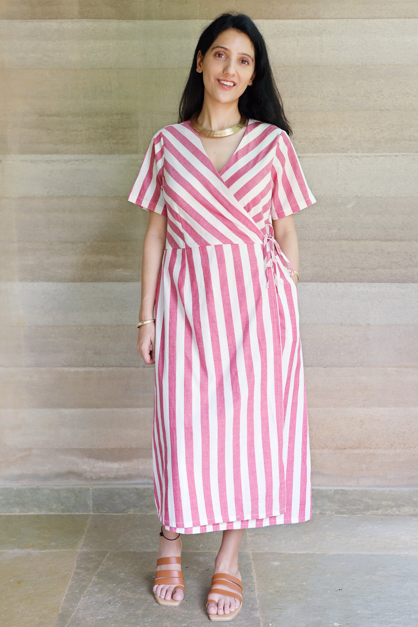 Striped Half Sleeved Wrap Around Dress in Off White and Red