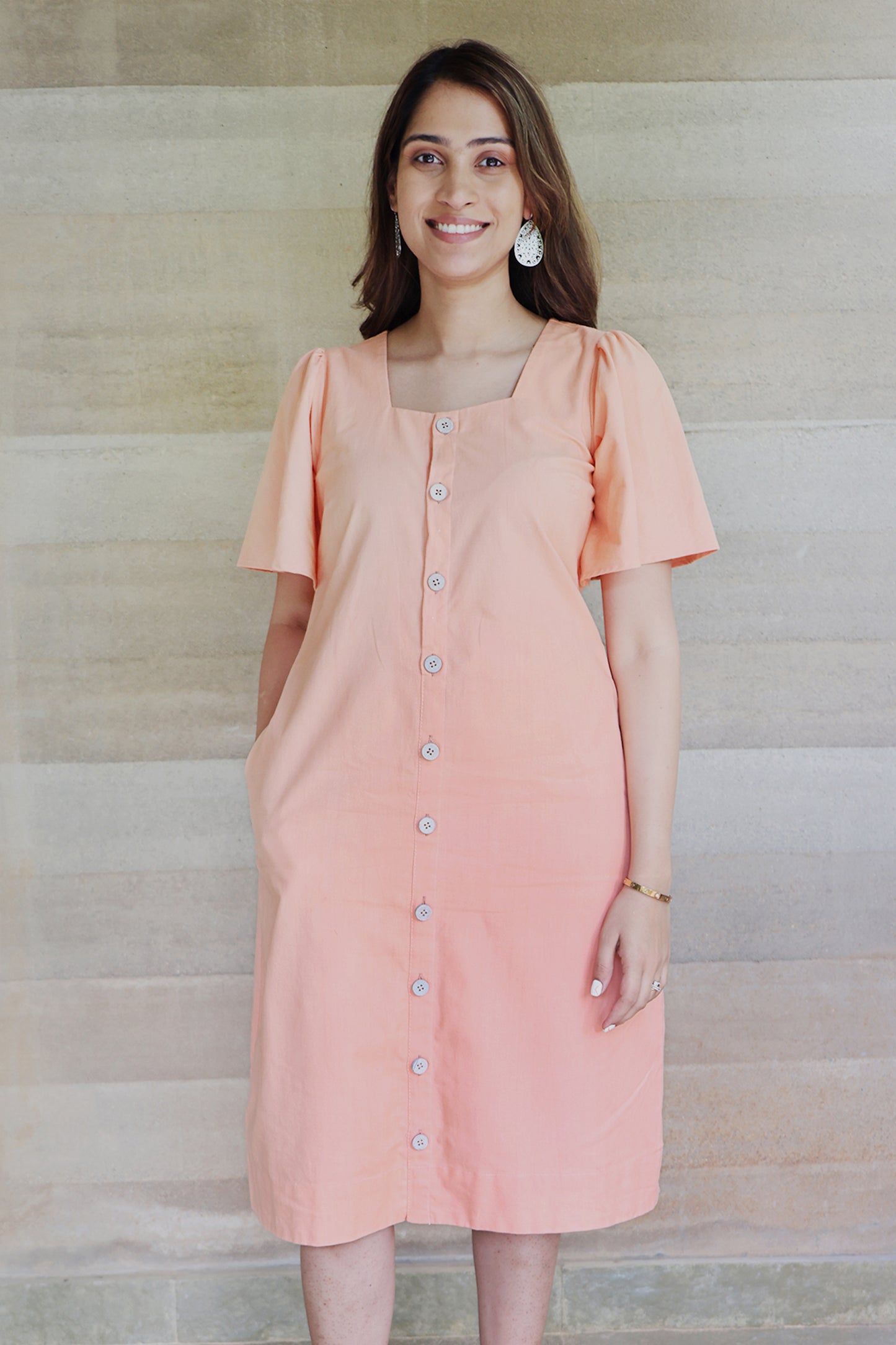 Square Neck A Line Dress in Monotone Solid Peach