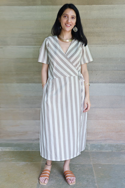 Striped Half Sleeved Wrap Around Dress in Off White and Light Brown