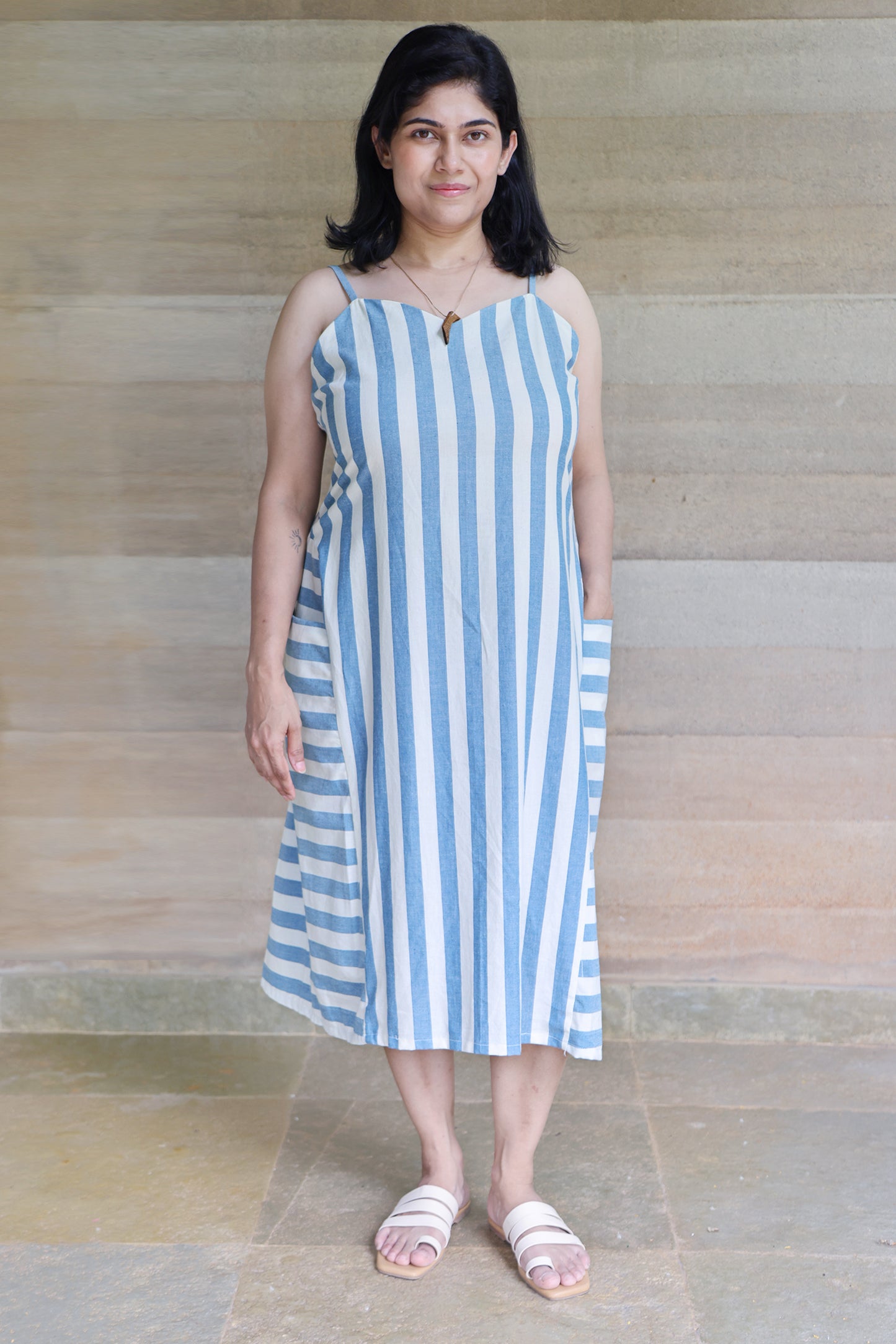 Off White and Light Blue Striped Godet Dress