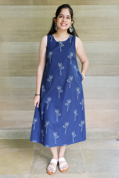 Navy Botanical Printed Sleeveless Maxi Dress