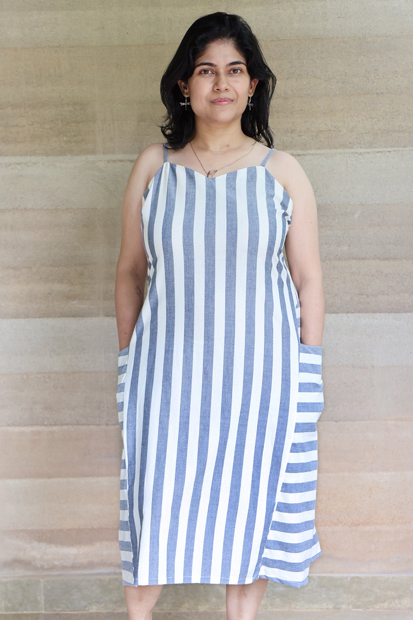 Off White and Indigo Striped Godet Dress