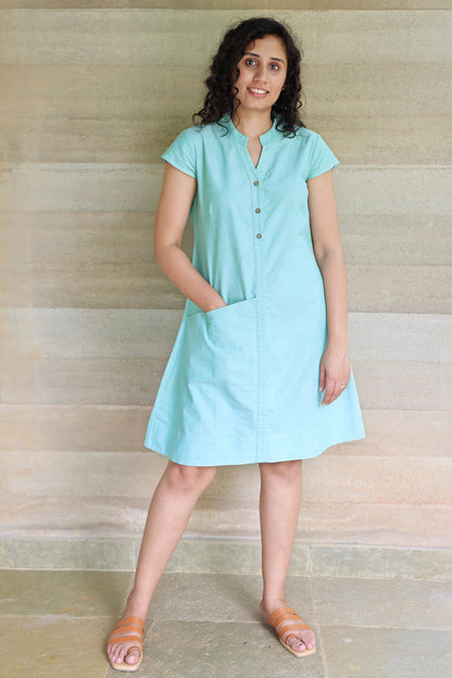 Mandarin Collar A Line Green Oxford Dress