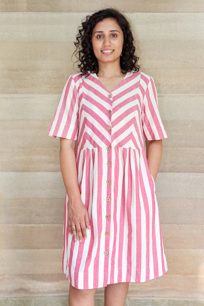 Zigzagged Striped V Neck Off White and Red Dress