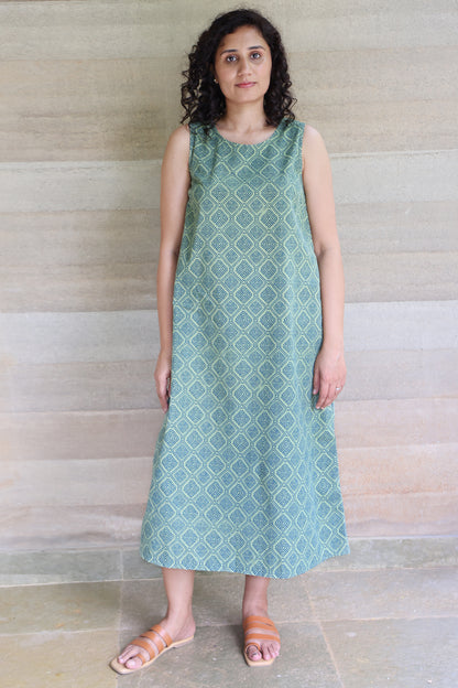 Green and Blue Geometrical Printed Sleeveless Maxi Dress