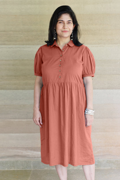 Collared Fine Cotton Brown Dress