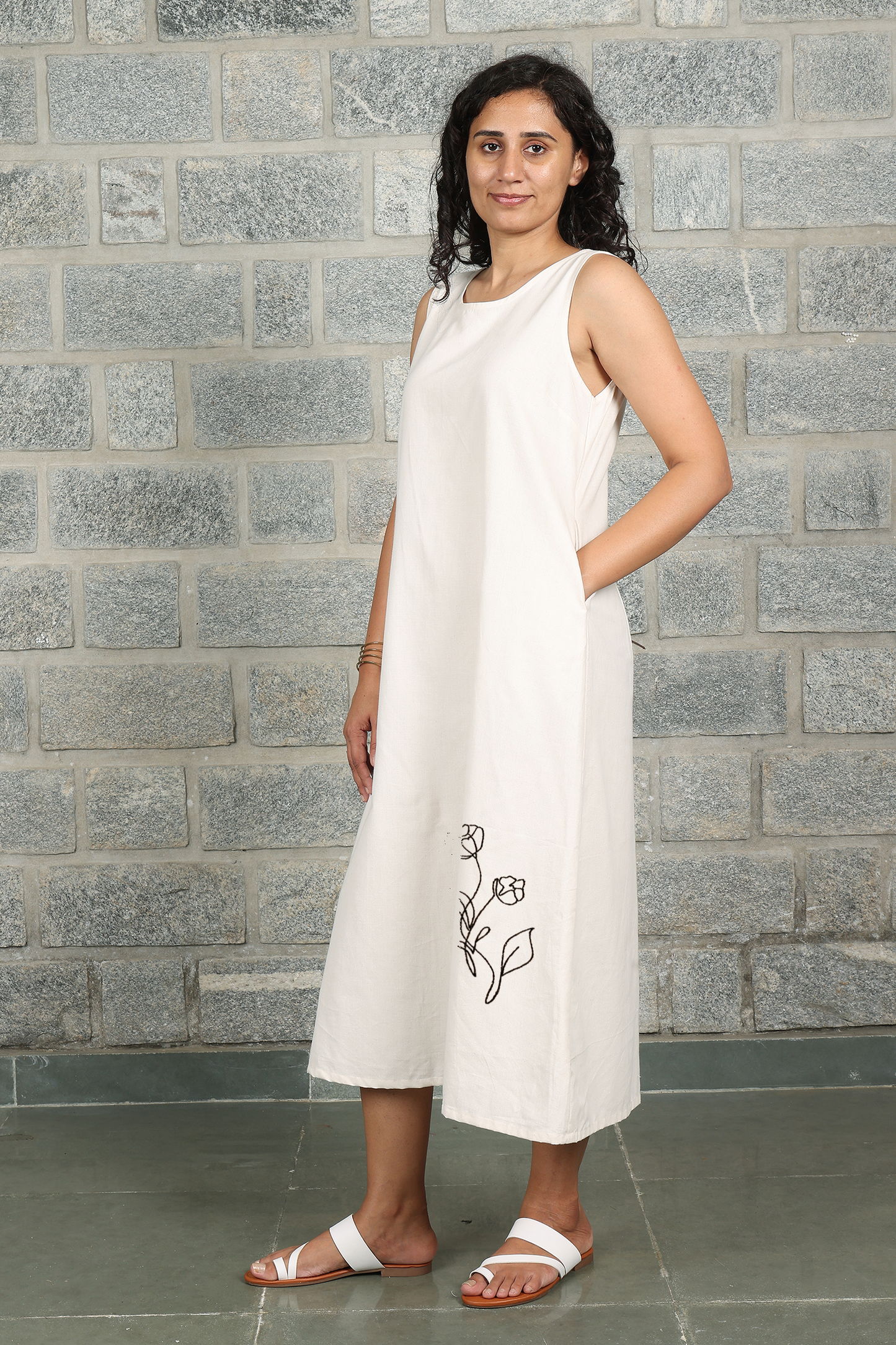 Ochre Yellow Sleeveless Maxi Dress with Embroidery