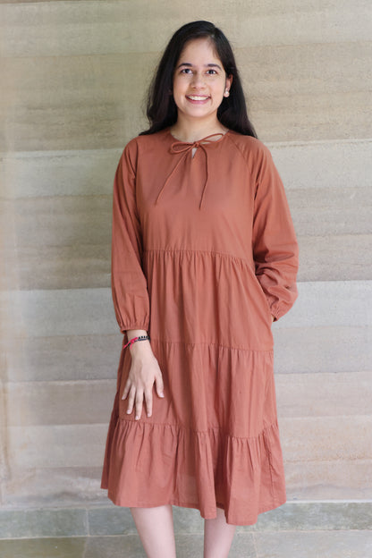 Tiered fine Cotton Brown Dress