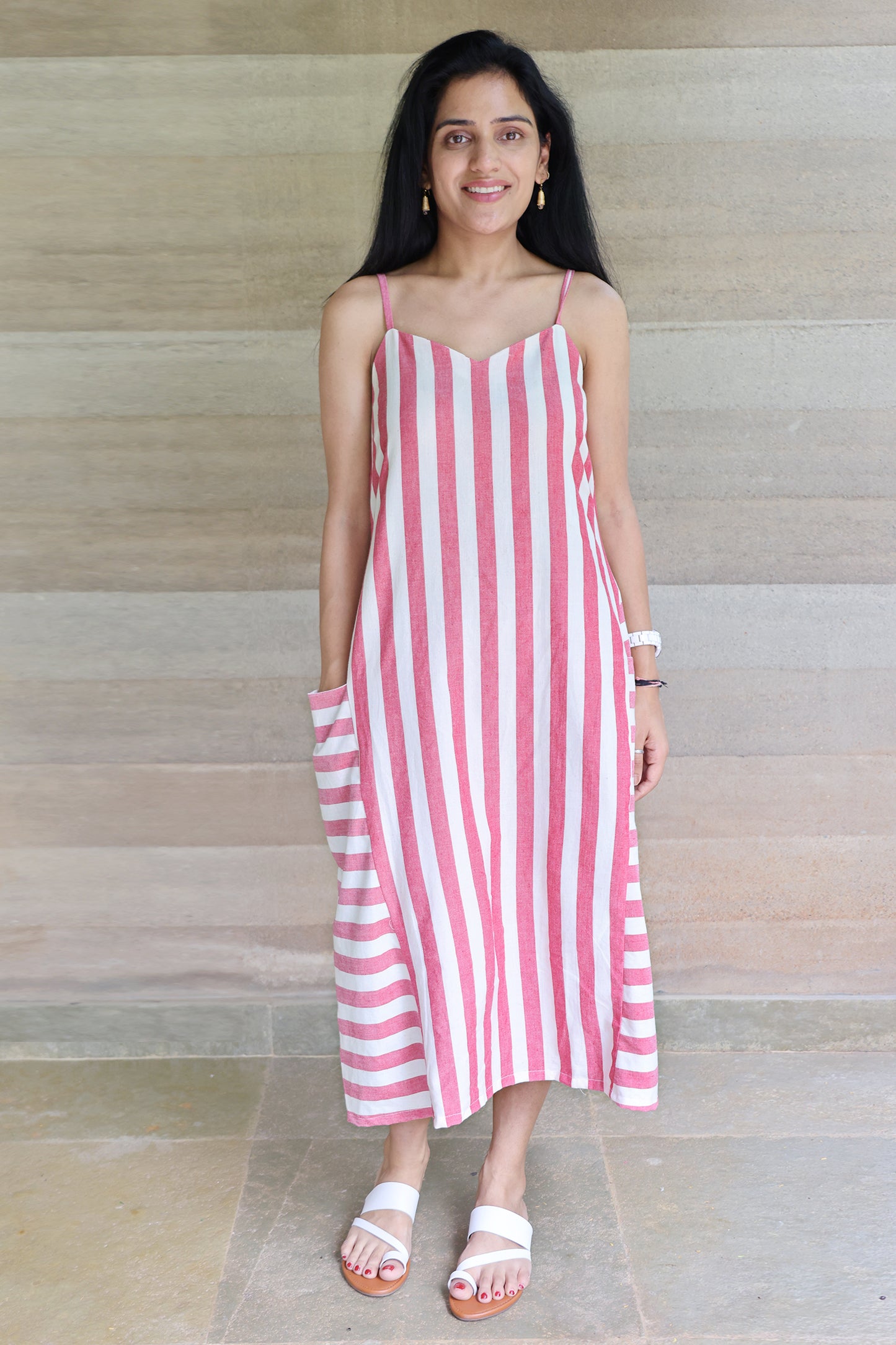 Off White and Red Striped Godet Dress