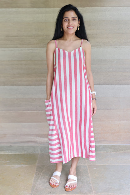 Off White and Red Striped Godet Dress