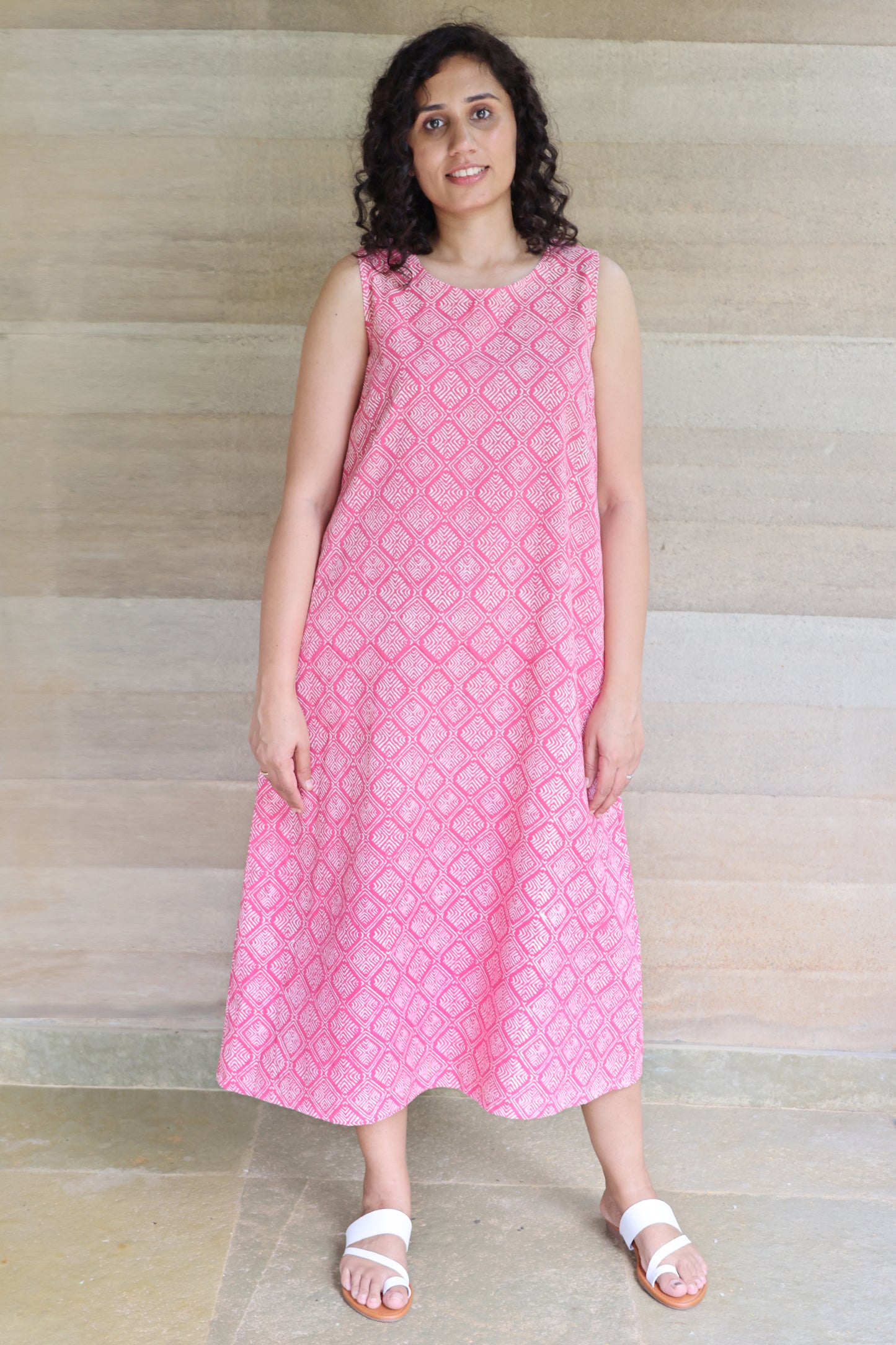 Pink Geometrical Printed Sleeveless Maxi Dress