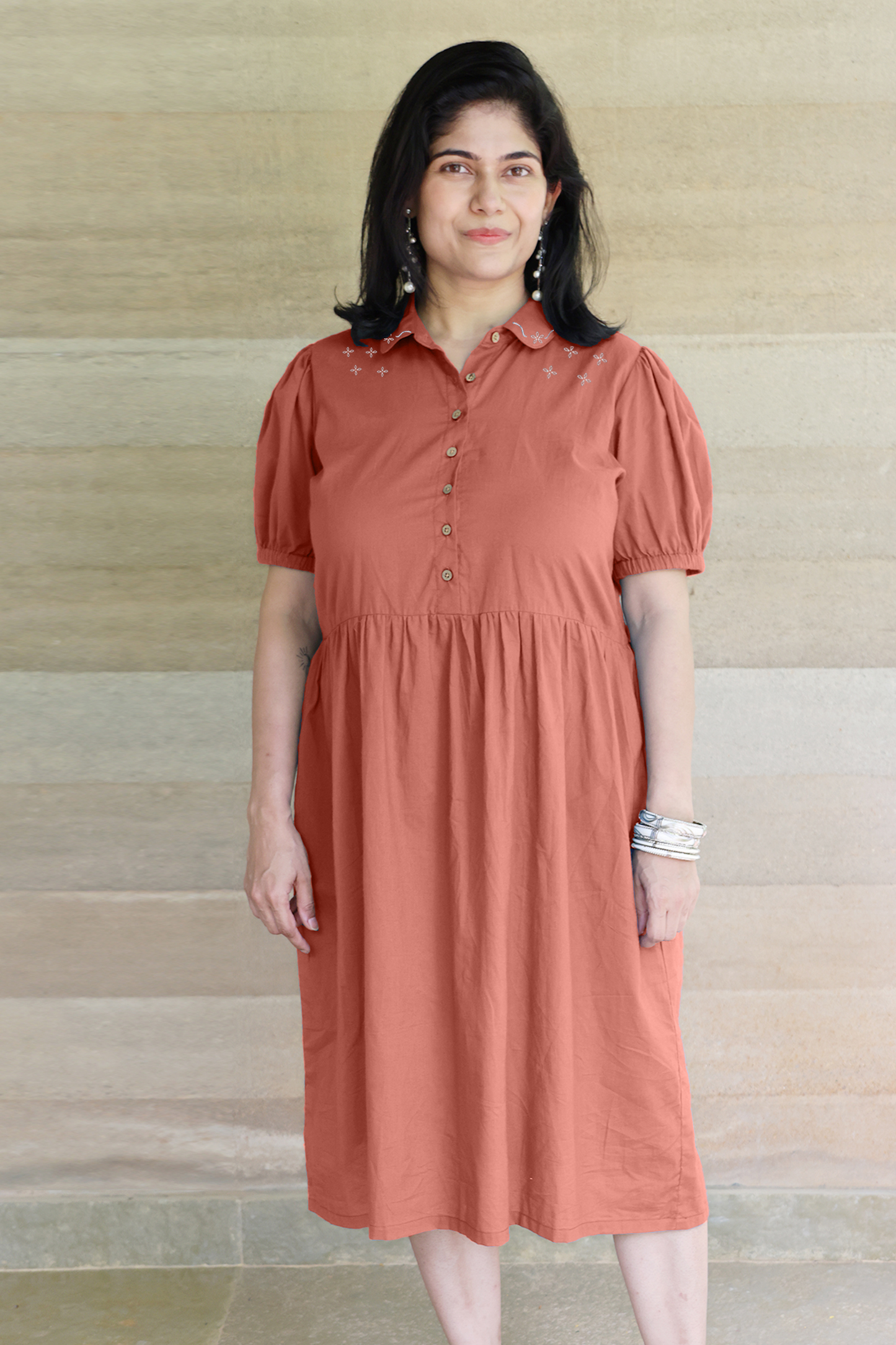 Collared Fine Cotton Brown Dress with Embroidery