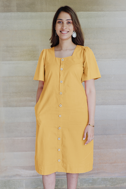 Square Neck A Line Dress in Monotone Solid Ochre Yellow