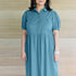 Collared Fine Cotton Teal Blue Dress with Embroidery