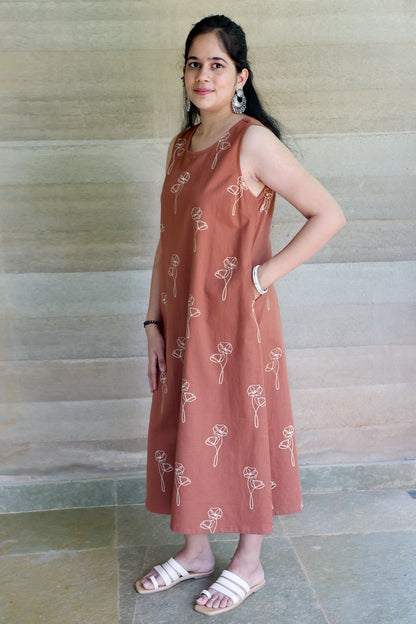 Brown Botanical Printed Sleeveless Maxi Dress