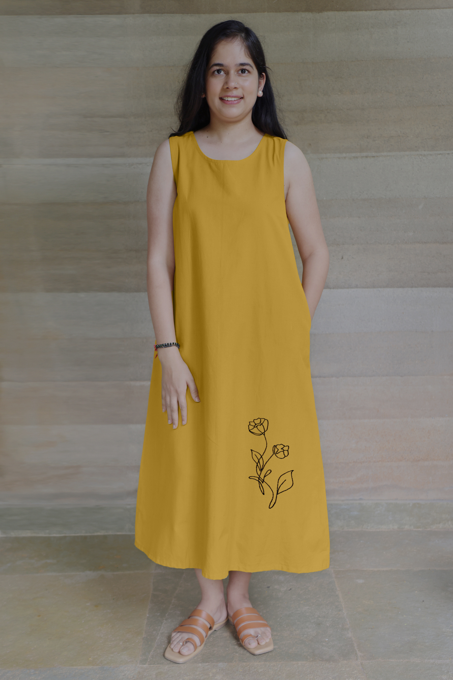 Ochre Yellow Sleeveless Maxi Dress with Embroidery