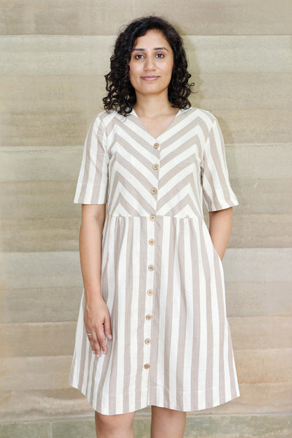 Zigzagged Striped V Neck Off White and Light Brown Dress