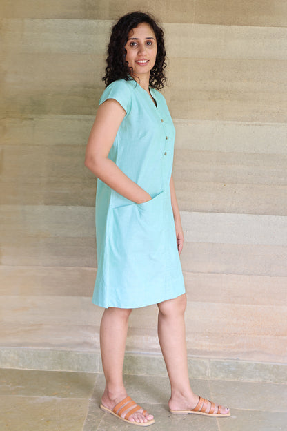 Mandarin Collar A Line Green Oxford Dress