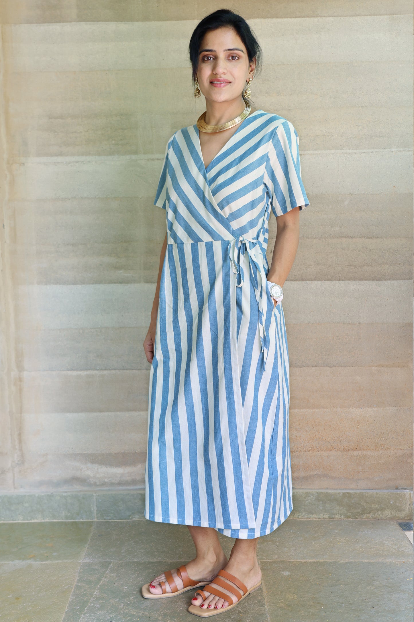 Striped Half Sleeved Wrap Around Dress in Off White and Light Blue